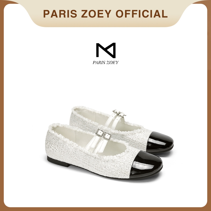 【ผลิตภัณฑ์ใหม่】Paris Zoey Mary Jane รองเท้าส้นแบนพู่ตกแต่งเพชรหัวเข็มขัดรองเท้าผู้หญิง
