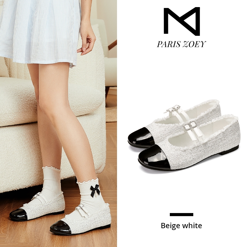 【ผลิตภัณฑ์ใหม่】Paris Zoey Mary Jane รองเท้าส้นแบนพู่ตกแต่งเพชรหัวเข็มขัดรองเท้าผู้หญิง