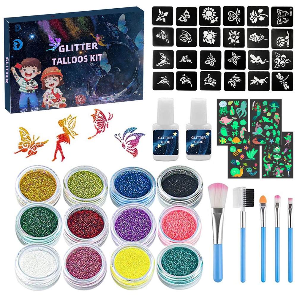 12 สีชั่วคราว Glitter Tattoo Kit สำหรับเด็กและผู้ใหญ่ 24 ลายฉลุ Arts Glitter Make Up Kit ของขวัญวันหยุดที่สวยงามสำหรับเด็กหญิงและเด็กชาย