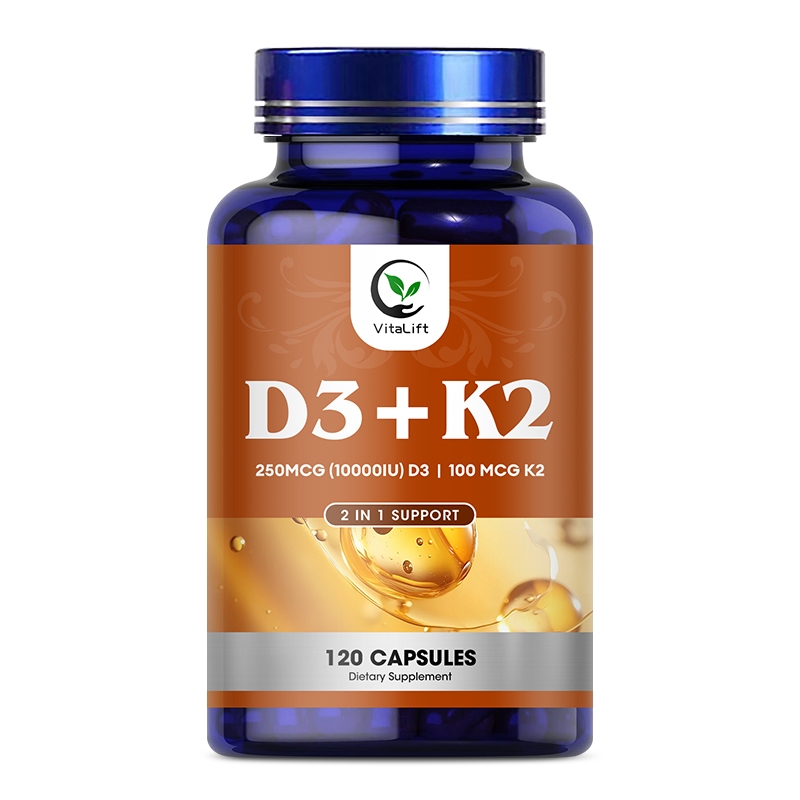 Vitalift วิตามิน K2 (MK7) พร้อมอาหารเสริม D3 สูตรไม่ใช่จีเอ็มโอ 10000 IU วิตามิน D3 & 100 mcg วิตามิ
