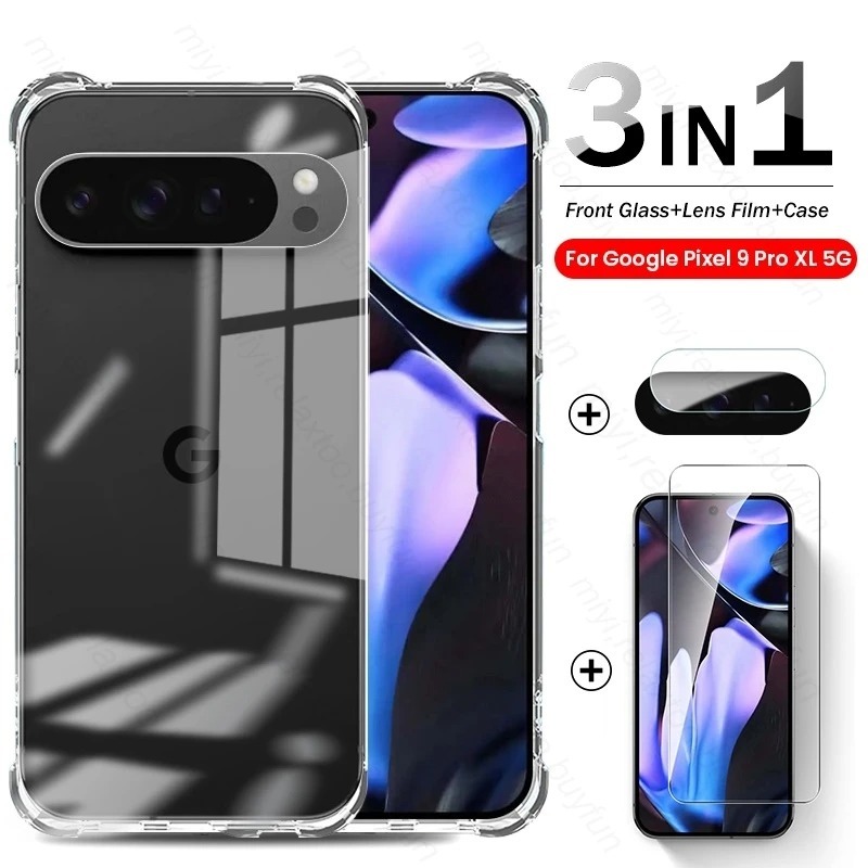 3in1 สําหรับ Google Pixel 9 Pro XL 2024 กรณีซิลิคอนอ่อนฝาครอบป้องกันหน้าจอกล้องแก้ว Google Pixel 9 พ