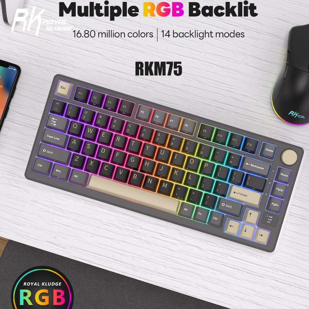 Rk Royal Kludge RKM75 สีดํา Tri-mode RGB แบบมีสายบลูทูธ 2.4G 75Key ไร ้ สาย 3 โหมด Hot-Swap