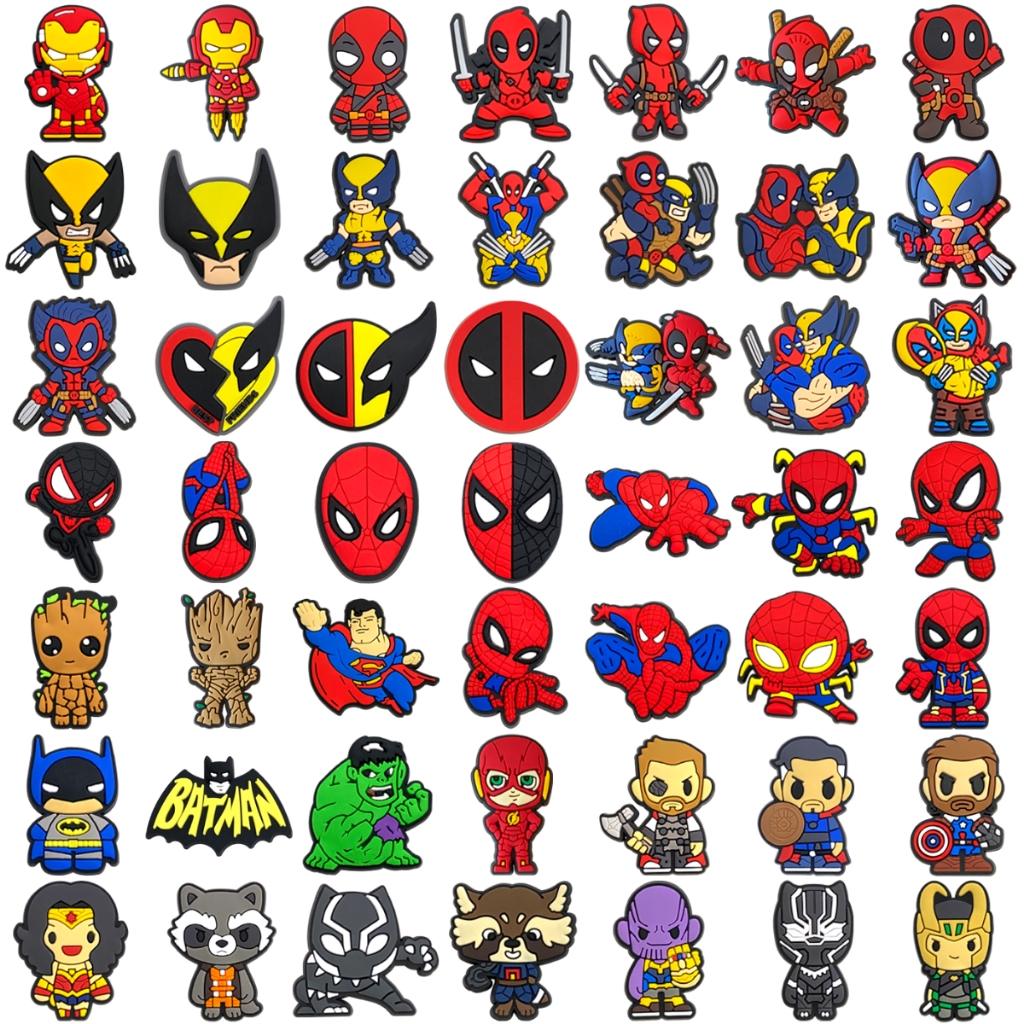 Jibbit Shoe Charms Deadpool และ Wolverine 49 สไตล์อุปกรณ์ตกแต่งอุปกรณ์ตกแต่ง PVC พร้อมปุ่ม