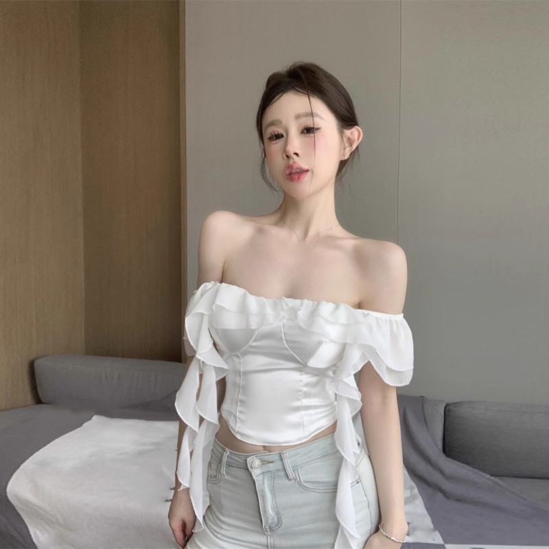 เสื้อเชิ้ตผู้หญิงคอเหลี่ยมไหล่เดียวริบบิ้นผ้าซาตินประกบสีทึบเสื้อครอปทรงสลิม