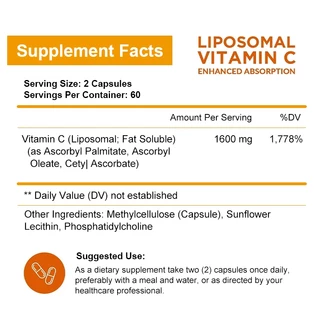 Vitalift Liposomal Vitamin C 1600mg - การดูดซึมสูง, VIT C ละลายไขมัน, อาหารเสริมต้านอนุมูลอิสระ, การซึมผ่านระบบภูมิคุ้มกันและบูสเตอร์คอลลาเจน