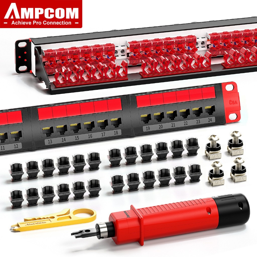Ampcom Cat6A 19 "24-Ports Commercial Series UTP 1000Mbps Patch แผง 15U Gold Plated สําหรับ UTP Cat6A สายเคเบิลเครือข่ายพร้อม Mini Stripper และฝุ่นแทรก