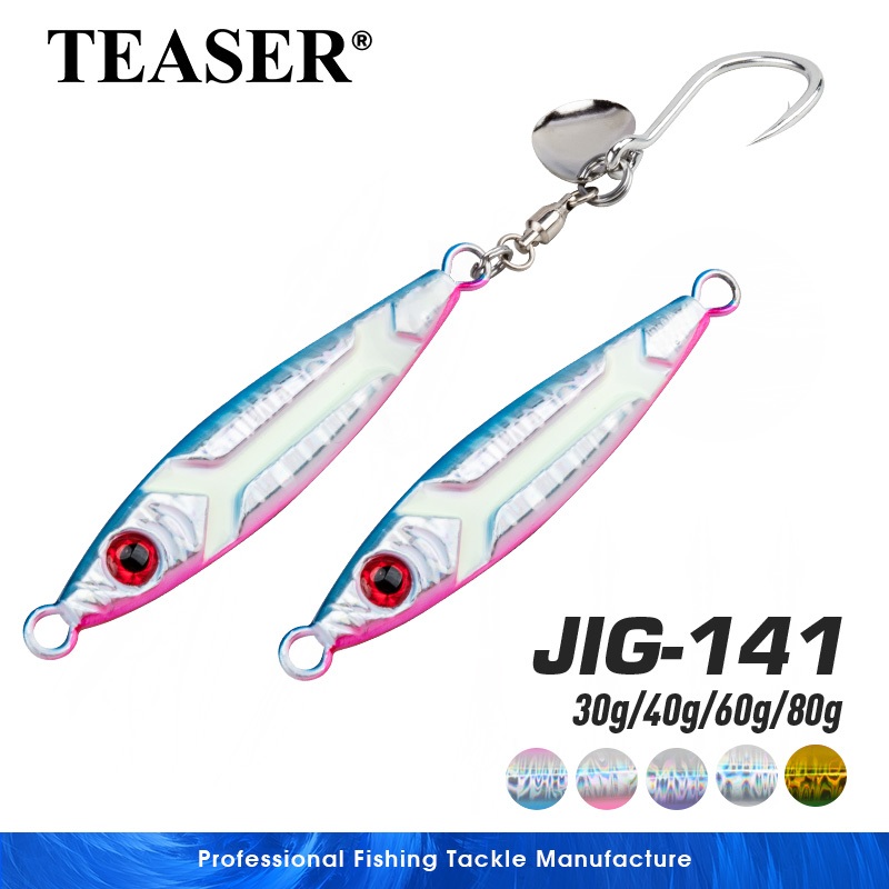 TEASER【J141】1PC โลหะช้า Jiggig Lure 30g 40g 60g 80g Luminous ท่องเที่ยวเลเซอร์เคลือบน้ําเค็ม Jigs เหยื่อ 3D Eye Fast Sinking Jigging Lure 8062 ตะขอเดี่ยวสําหรับ Hairtail