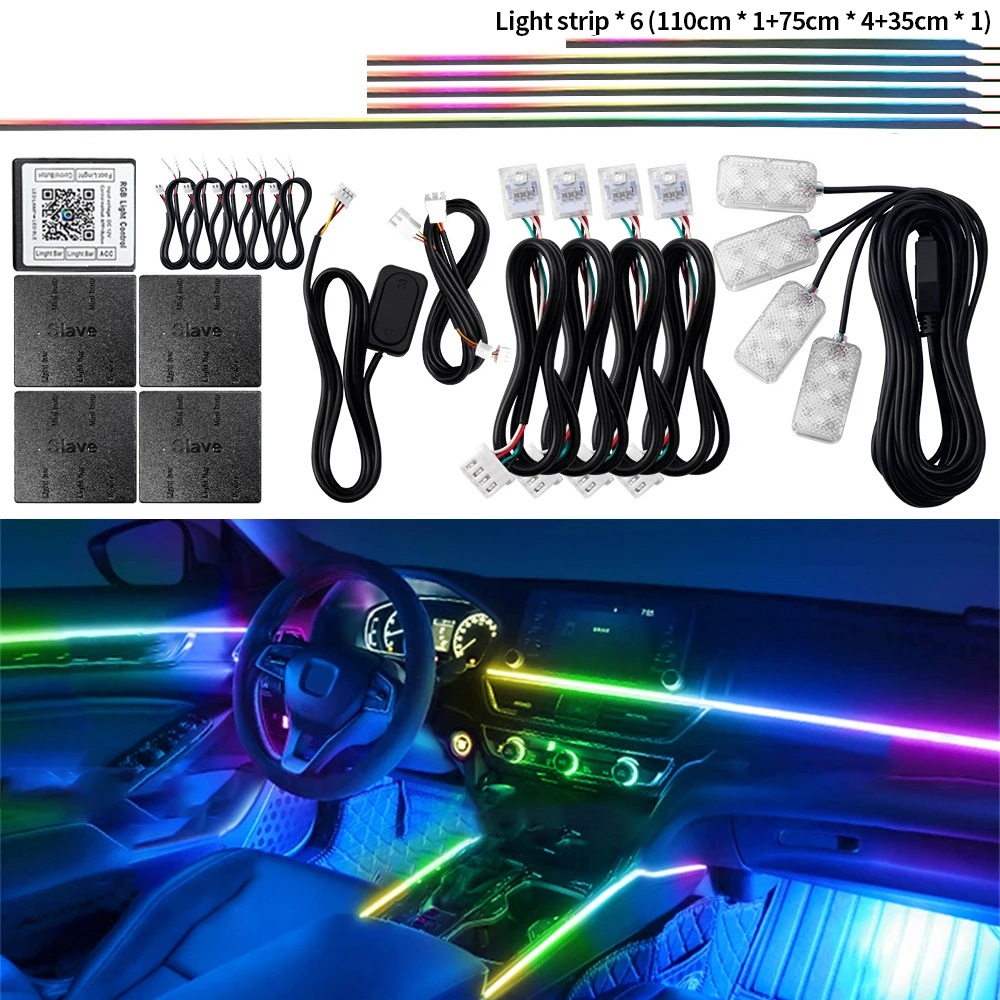 ((18 In 1) รถ Ambient Light Symphony ในร่มอะคริลิค Optical Fiber Guide Light Strip DIY ไฟตกแต่งรถยนต์ LED แถบไฟรถยนต์ภายใน APP ควบคุม