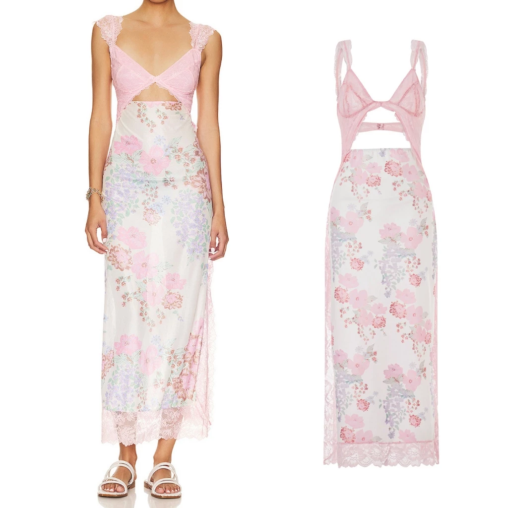 (จัดส่งในกรุงเทพฯ)Pink -Women Bodycon Long Dress ผู้หญิงสลิมกระโปรงยาวดอกไม้ฤดูร้อนพิมพ์ลูกไม้กลวงออกคอ V กลับพรรคเชือกแขวนคอกระโปรง