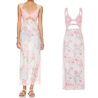 (จัดส่งในกรุงเทพฯ)Pink -Women Bodycon Long Dress ผู้หญิงสลิมกระโปรงยาวดอกไม้ฤดูร้อนพิมพ์ลูกไม้กลวงออกคอ V กลับพรรคเชือกแขวนคอกระโปรง