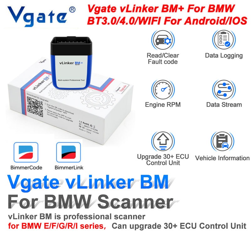 Vgate vLinker BM+ ELM327 V2.2 เครื่องมือสแกนเนอร์วินิจฉัยรถยนต์ บลูทูธ 4.0 และ wifi สําหรับ BMW E60 