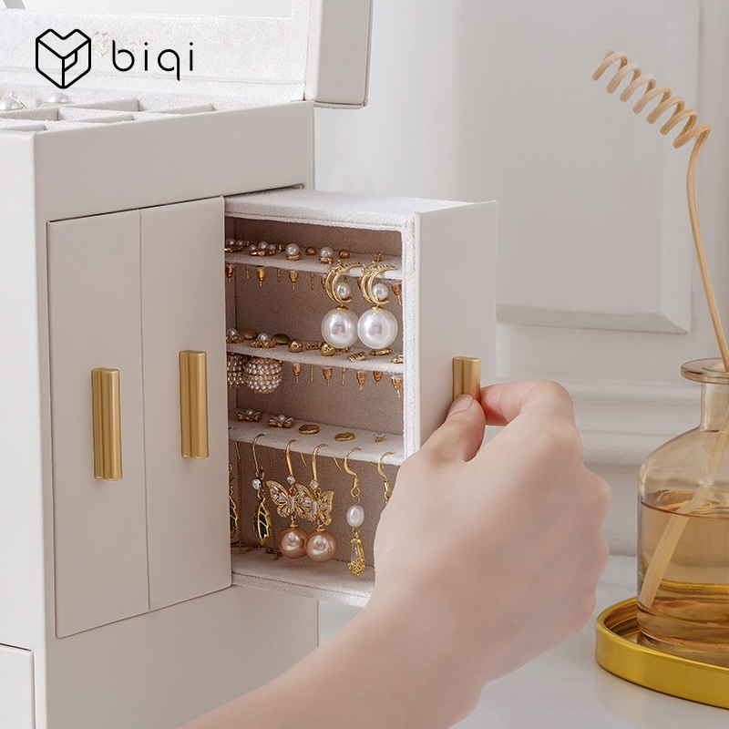 Casegrace กล่องอัญมณีขนาดใหญ่พร้อมตัวล็อคและกุญแจ 5 ชั้นกล่องเครื่องประดับพร้อมลิ้นชัก 3 ด้านที่เก็บเครื่องประดับพร้อมกระจกใหญ่ - รูปที่ 4