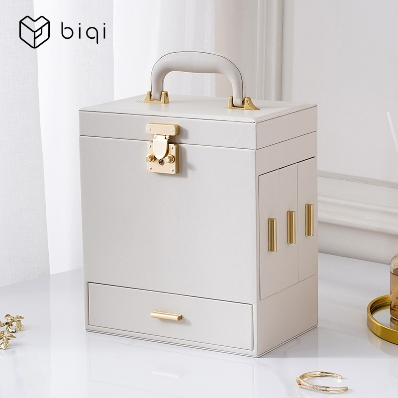 Casegrace กล่องอัญมณีขนาดใหญ่พร้อมตัวล็อคและกุญแจ 5 ชั้นกล่องเครื่องประดับพร้อมลิ้นชัก 3 ด้านที่เก็บเครื่องประดับพร้อมกระจกใหญ่