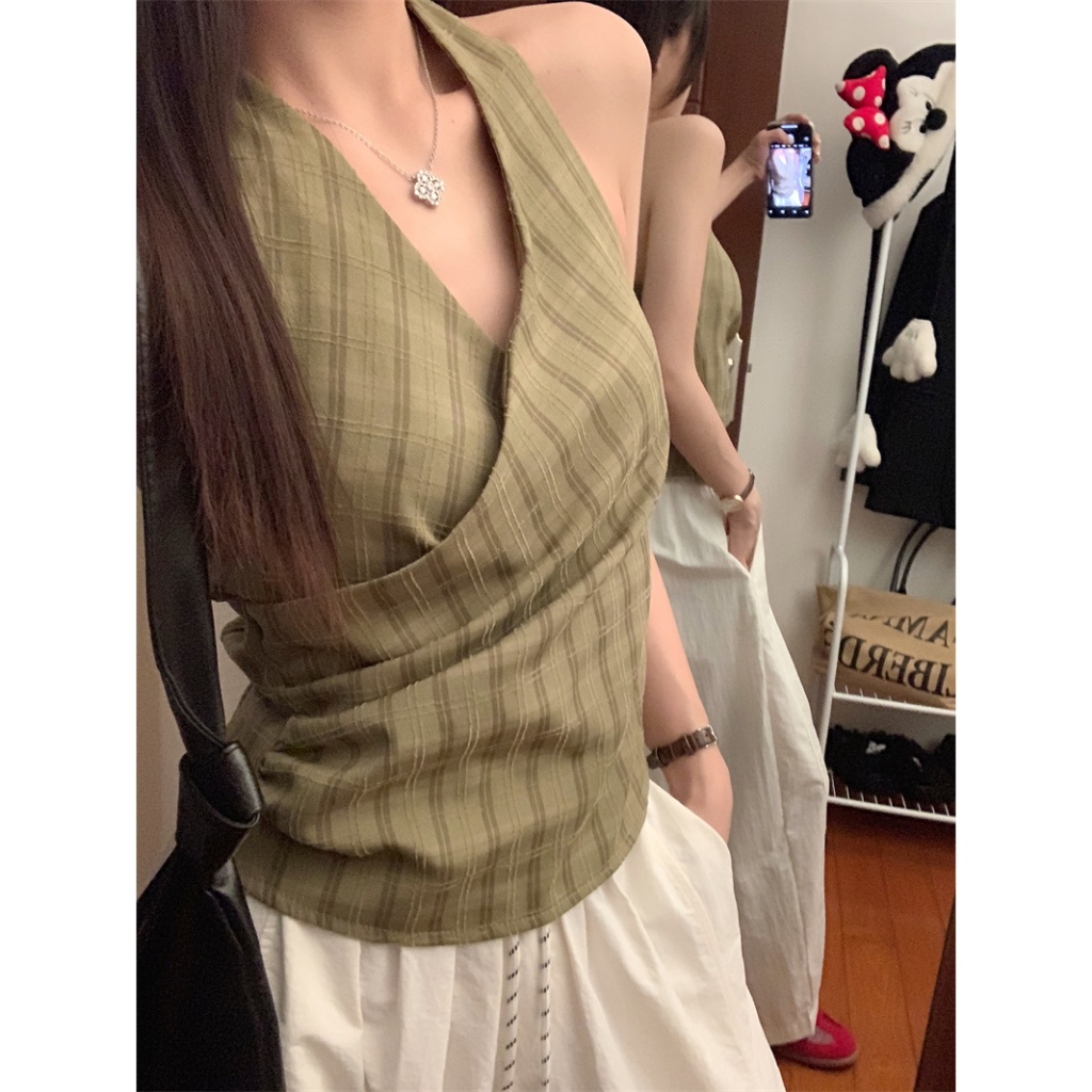 【BANKO】เวอร์ชั่นเกาหลีฤดูร้อนผู้หญิงย้อนยุคลายสก๊อตเชือกแขวนคอคอวีเสื้อกั๊กเชือกแขวนคอ