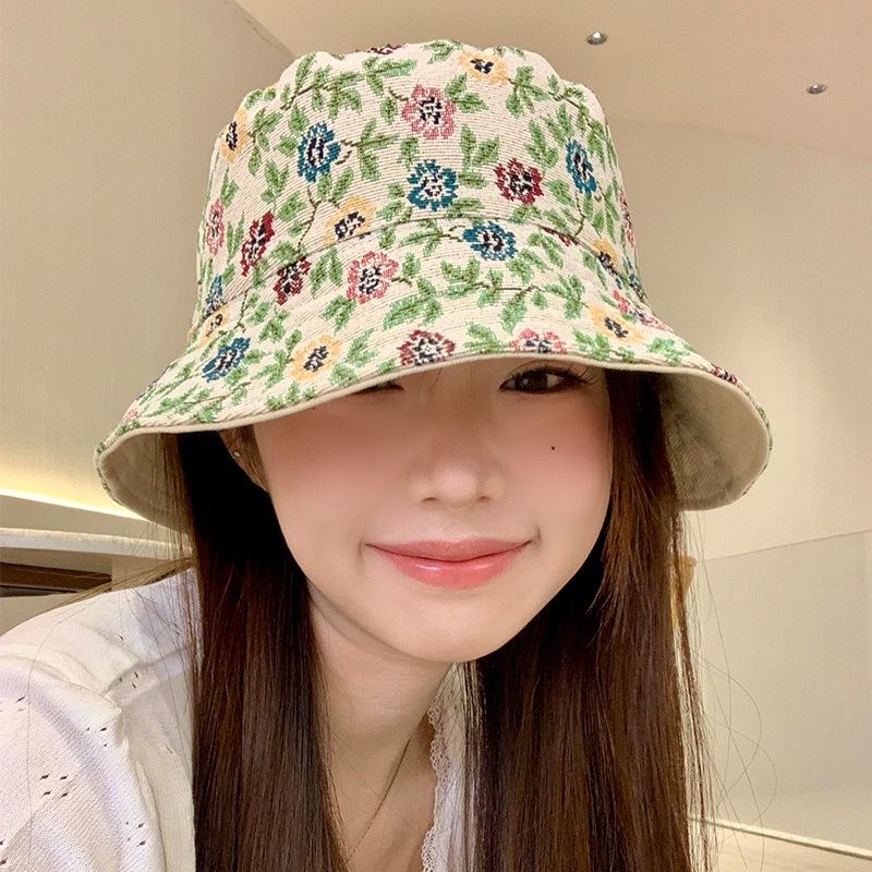 ใหม่บริสุทธิ์ขนาดเล็กดอกไม้ถังหมวกผู้หญิงสองด้านสามารถสวมใส่ใบหน้าอ่างขนาดเล็กหมวกวรรณกรรมหัวใหญ่เส้นรอบวงหมวกอินเทรนด์