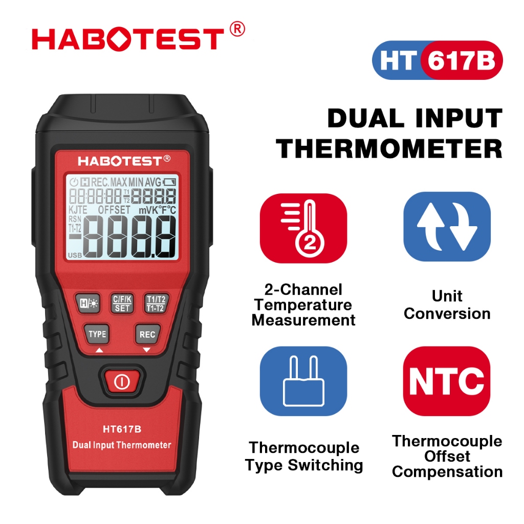 Habotest HT617B เครื่องวัดอุณหภูมิ เครื่องตรวจจับอุณหภูมิ Gauge โพรบอุณหภูมิจาก -200 องศาเซลเซียสถึง 1300 องศาเซลเซียส