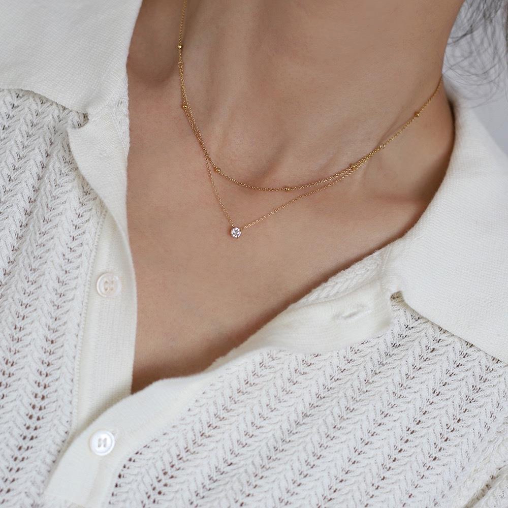 Delicate สองชั้นบาง Chain Single Diamond สร้อยคอสแตนเลสทอง 18K