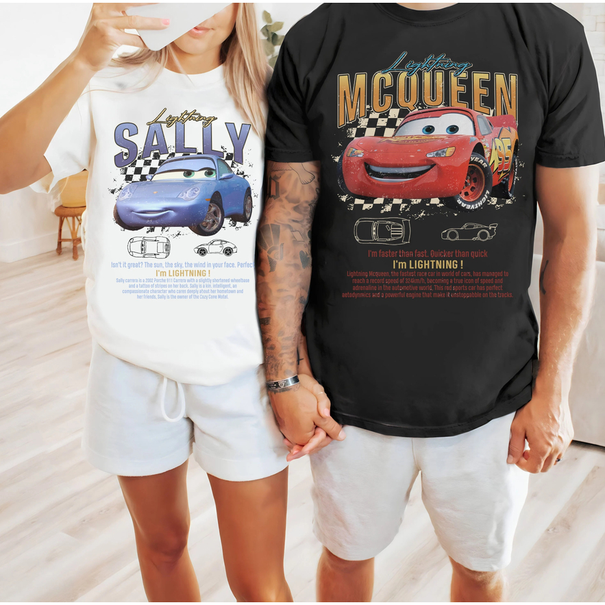 เสื้อยืดคู่รัก Lightning Mcqueen และ Sally เสื้อจับคู่ Retro Cars เสื้อยืด Limited Mcqueen เสื้อคู่ร