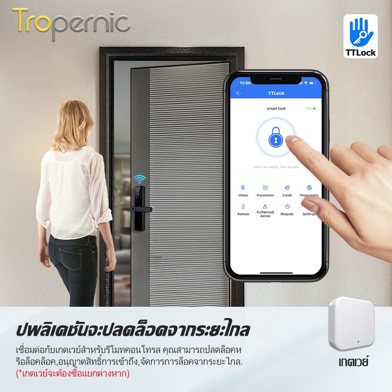 Tropernic K7 สมาร์ทล็อคประตู TTlock App บลูทู ธ ระยะไกลปลดล็อคล็อคประตูดิจิตอลลายนิ้วมือ / แอป / รหัสผ่าน / บัตร IC / กุญแจปลดล็อค ราคา ถูกที่สุด ดีลบีเคเค แกลเลอรีภาพที่ 4