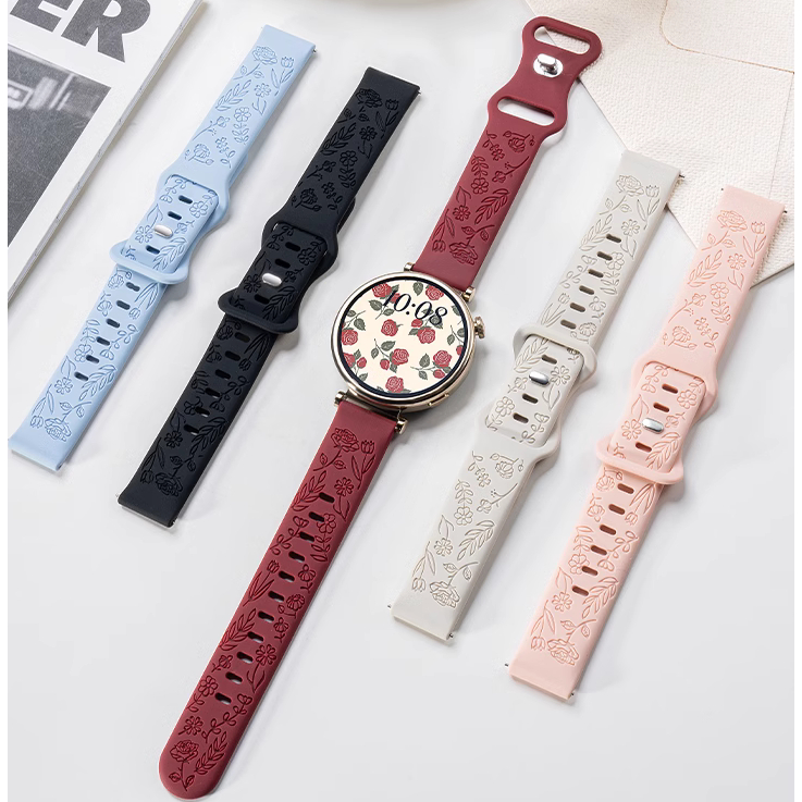Silicone Carving flowers สาย Huawei watch gt 6 pro Strap Huawei watch GT 5 สาย Huawei watch gt 4 Strap Huawei GT6 สาย Huawei GT2 /gt3/gt4/ Huawei watch gt 6 สาย Amazfit Bip 5 / Amazfit Bip 3 pro Strap Amazfit bip u pro,GTS2,GTS3/gts4/ Galaxy Watch 7 Strap
