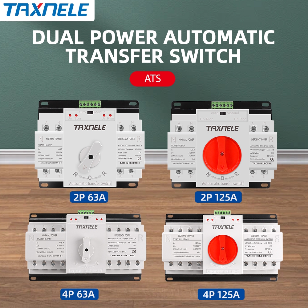 Taxnele ATS 2P 4P 63A 125A Dual Power สวิตช์โอนอัตโนมัติ AC 230V MCB สวิตช์เปลี่ยนอัตโนมัติ
