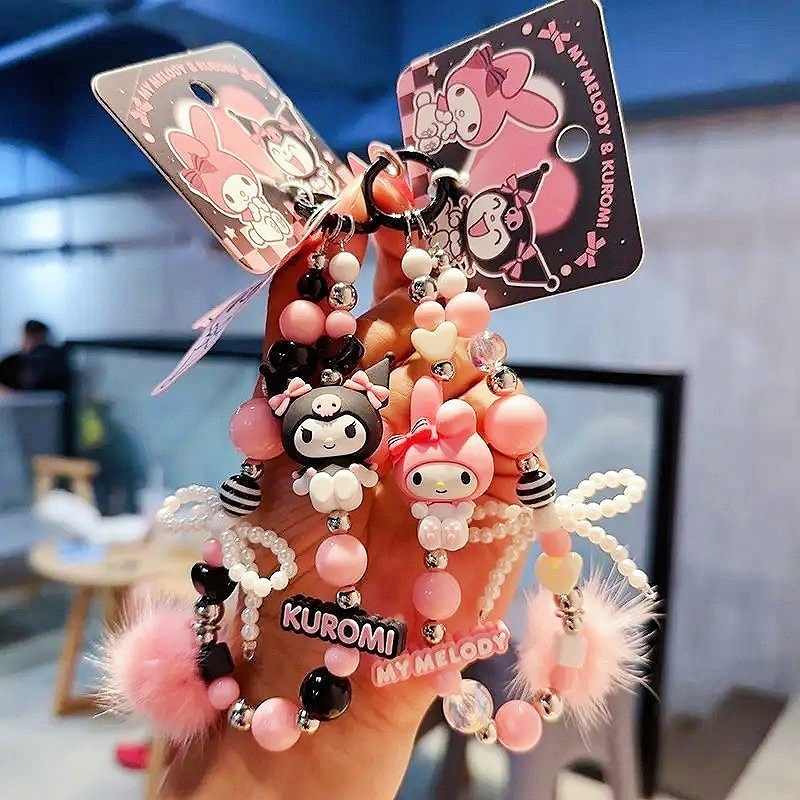 Kawaii Sanrio Kuromi โทรศัพท์โซ่อะนิเมะ My Melody ลูกปัดกระเป๋าเป้สะพายหลังจี้พวงกุญแจน่ารักมือถืออุปกรณ์เสริมของขวัญ