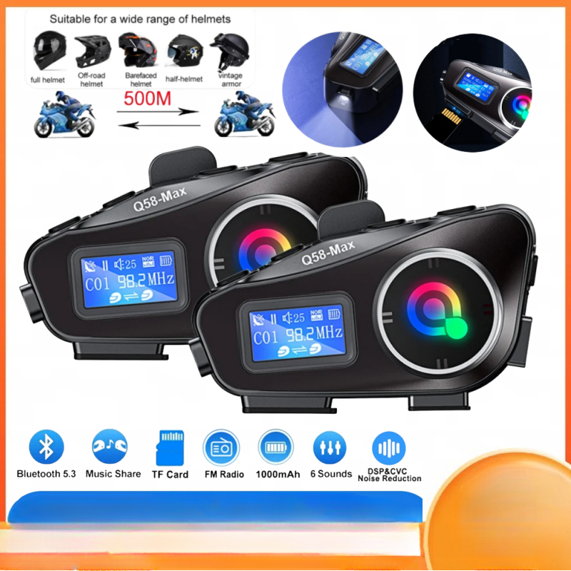 Q58 Max ชุดหูฟังบลูทูธไร้สายพร้อมหน้าจอ LCD สําหรับหมวกกันน็อคมอเตอร์ไซค์ 2 Riders