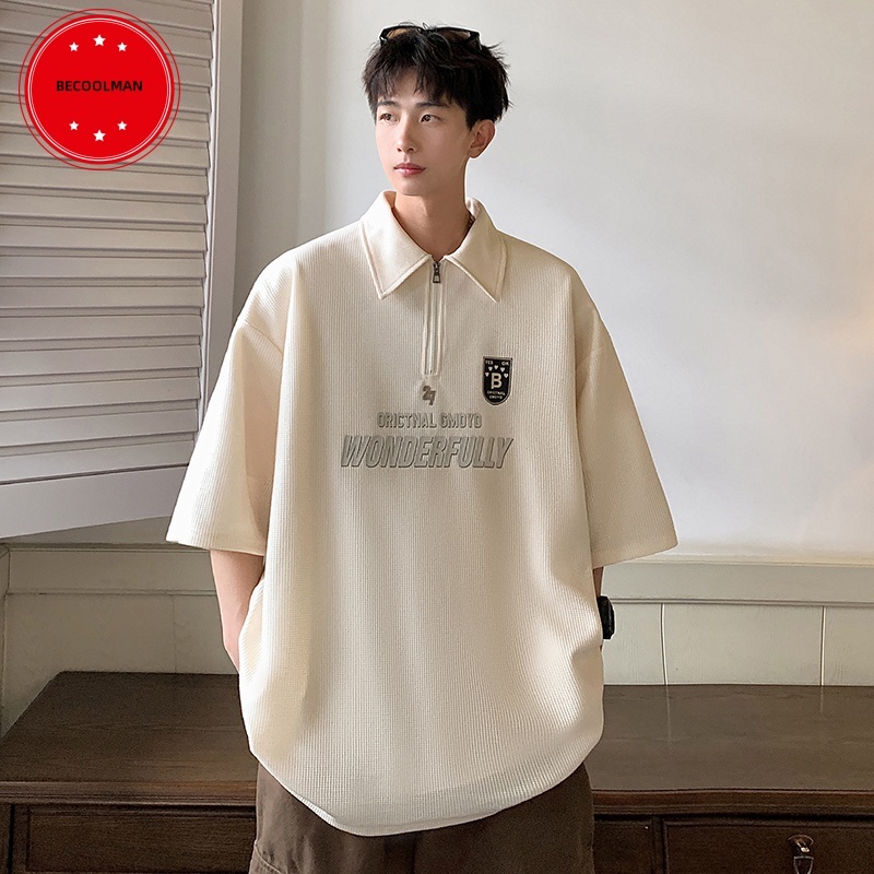 💥BECoolMan 💥สไตล์อเมริกันไฮสตรีทวาฟเฟิลด์แขนสั้น  เสื้อโปโล  พิมพ์ลาย  ใส่ได้ทั้งชายและหญิง  ปกพับ