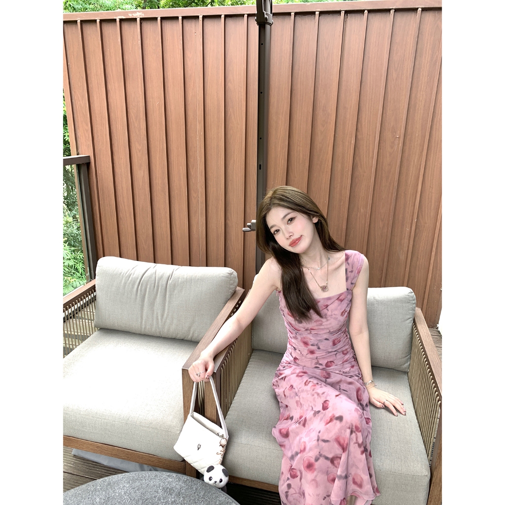 Hotgirl พร้อมส่ง เดรสยาวแฟชั่นผู้หญิง เดรสสีชมพูแขนกุด ผ้ายืดลายดอกชุดน่ารัก เซ็กซี่ อ่อนโยนชุดผู้หญิง