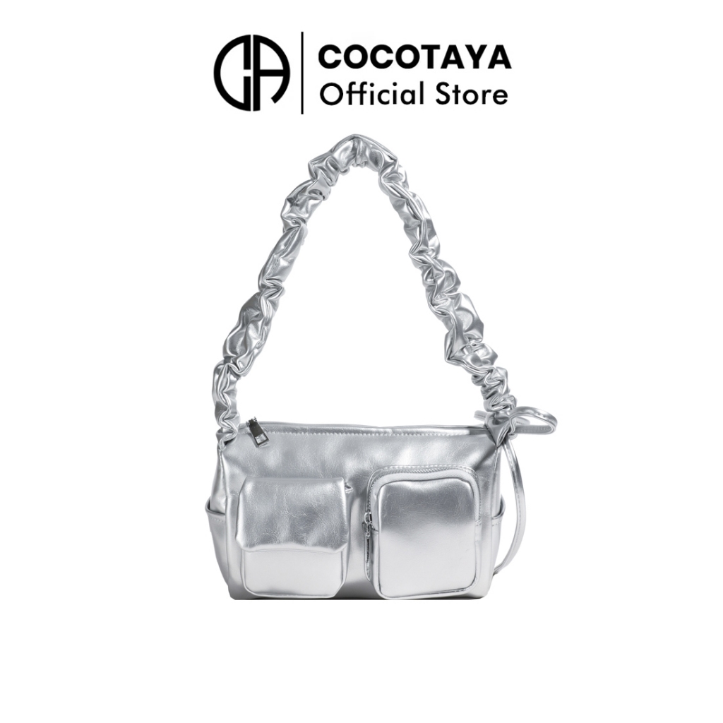 (COCOTAYA) กระเป๋าถือหนัง PU สีพื้นด้านเงาสำหรับผู้หญิง