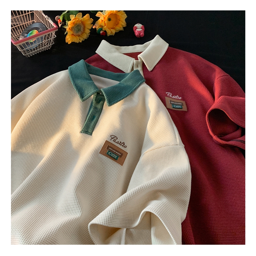 PROMAN-วาฟเฟิล หนัก แนววินเทจ ยอดนิยม แขนสั้น เสื้อยืด ชาย ฤดูร้อน สไตล์อเมริกัน ถนนสูง ปกพับ POLO