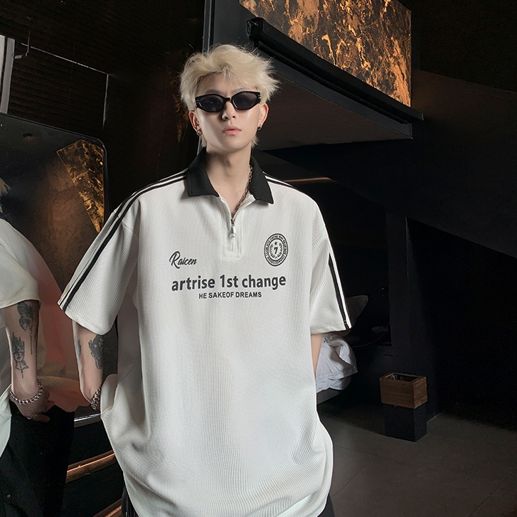 PROMAN-สไตล์อเมริกัน ลายทาง POLOเสื้อ แขนสั้น ชาย ซิปครึ่ง ซิปครึ่ง แนววินเทจ แฟชั่น เสื้อยืด
