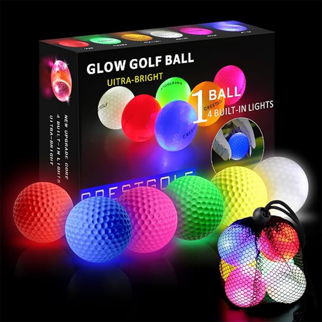 Crestgolf 4 ไฟในตัว Glow Golf Balls | แสงเวลาเรืองแสง 300 ชม. ในลูกกอล์ฟสีเข้ม | ลูกกอล์ฟกลางคืน LED กันน้ําดีไซน์ 3 ชั้น (หลากสี 6 ชิ้นและ 3 ชิ้น)