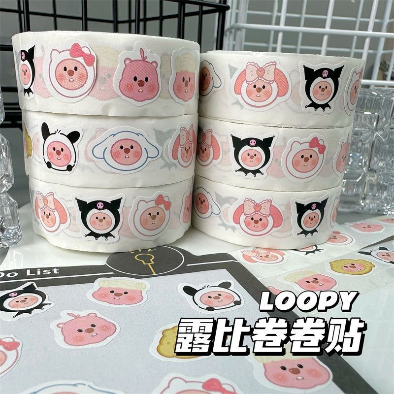 SANRIO 500ชิ้น ซานริโอ ม้วนสติกเกอร์น่ารักการ์ตูนสติกเกอร์ตกแต่งซองจดหมายปิดผนึกสติกเกอร์คู่มือวัสดุสติกเกอร์