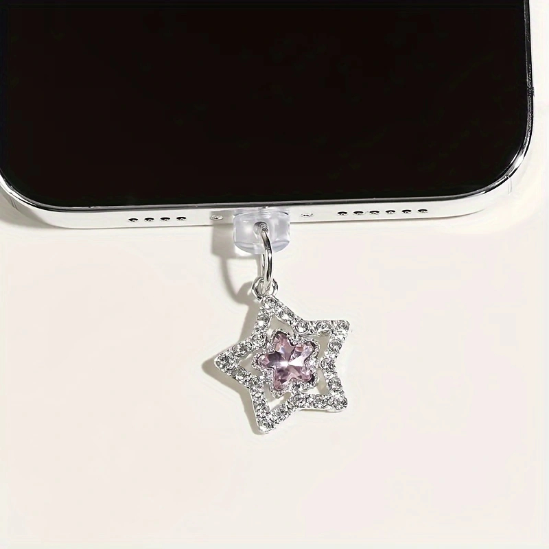 ตกแต่งโทรศัพท์มือถือปลั๊กป้องกันฝุ่นแฟชั่นเพชร-เรียงราย Hollow Double-layer Five-pointed Star Small Charm โทรศัพท์มือถือ