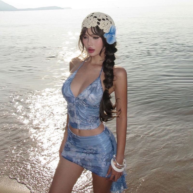 แปลก Puss Casual ชุดกระโปรงเซ็กซี่สลิง V คอปิดแขน Frenulum Backless Skinny Wrap ก้นบุคลิกภาพ Hot Chick Sea Beach สไตล์วันหยุดชุดสองชิ้น