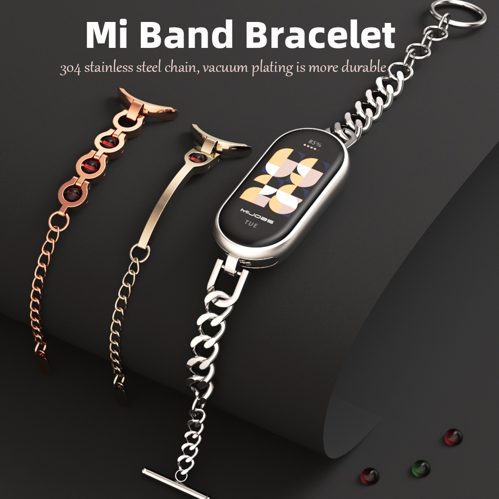 MIJOBS สายรัดข้อมือโลหะสำหรับ Mi Band 10 9 8 7 6 5 สายรัดข้อมือสุดหรูสำหรับ Xiaomi Mi Smart Band 8 เวอร์ชันสากล สายรัดข้อมือสแตนเลสสำหรับผู้หญิง Mi Band 8 เวอร์ชัน NFC