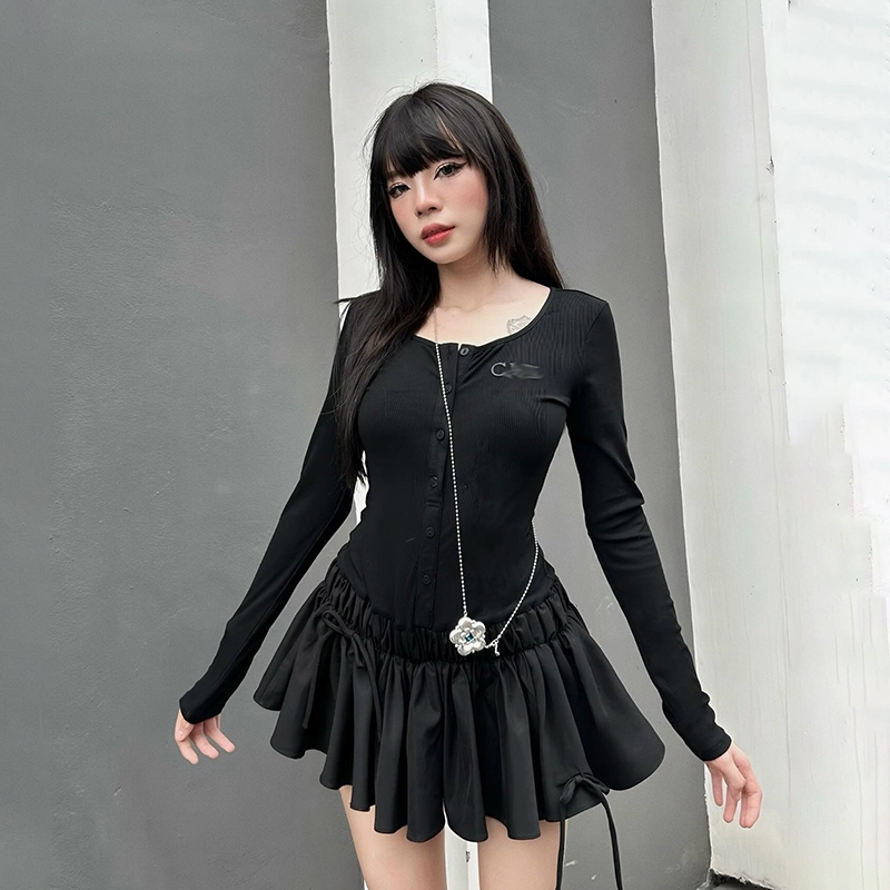 แปลก Puss Casual Mini Dresses U คอยาวแขนปุ่ม Skinny Solid Ruched บุคลิกภาพอเนกประสงค์บรรยากาศสไตล์ 2024 ร้อนใหม่