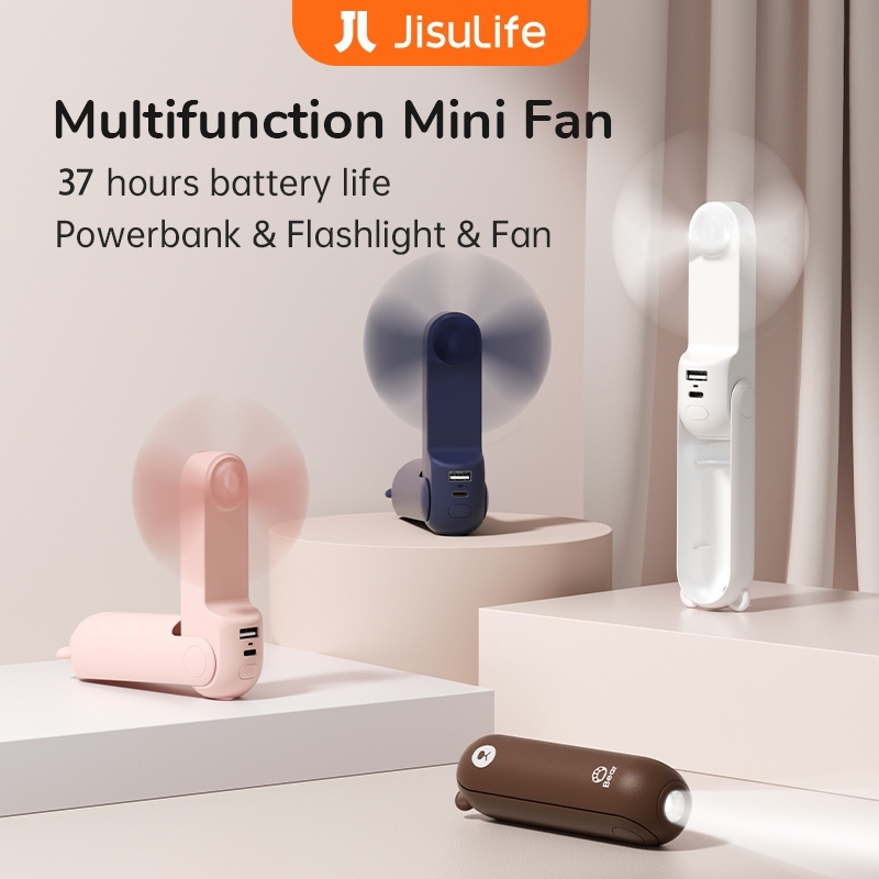JISULIFE 3-in-1 พัดลมไฟฟ้ามัลติฟังก์ชั่นพร้อมอายุการใช้งานแบตเตอรี่ที่ยาวนานหน่วยทําความเย็นแบบพกพาขนาดเล็กแบบชาร์จไฟได้พร้อมไฟฉายน้ําหนักเบาและพกพาสะดวก