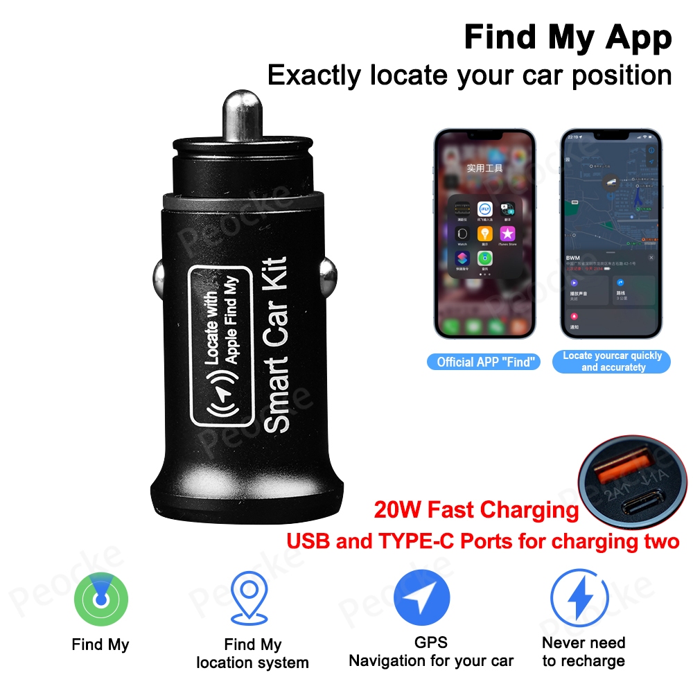 รถชาร์จ 20W USB พร้อม GPS Locator, ค้นหา APP ของฉันสําหรับ Apple Tracker, Charger Fast Charging Type C QC3.0