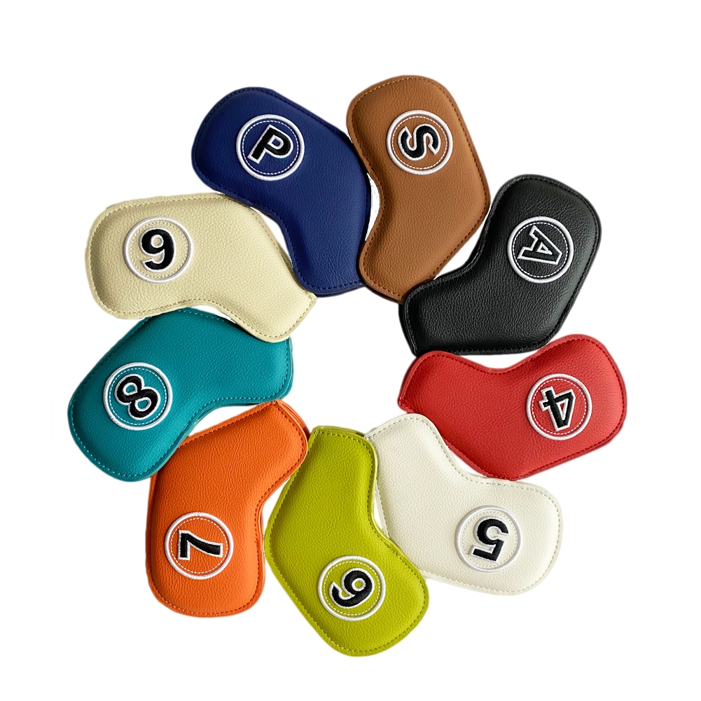 ฝาครอบหัวเหล็กกอล์ฟ PU สีสันสดใส 1 ชุด 9 ชิ้น ฝาครอบหัวไม้กอล์ฟกันน้ํารวม 4-9, P, A, S