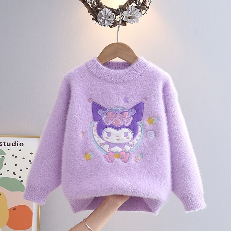 SANRIO ซานริโอ คุโรมิ สาวเสื้อกันหนาว2024ฤดูใบไม้ร่วงฤดูหนาวเด็กการ์ตูนเสื้อสวมหัวเลียนแบบขนมิงค์วัยรุ่นแขนยาวตุ๊กตาเสื้อกันหนาว