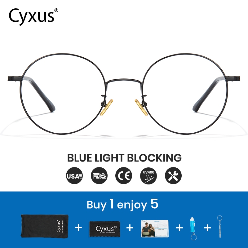Cyxus แว่นตาคอมพิวเตอร์ กรอบโลหะ ทรงกลม ป้องกัน UV400 สีฟ้า สไตล์เกาหลี สําหรับผู้ชาย ผู้หญิง 8090