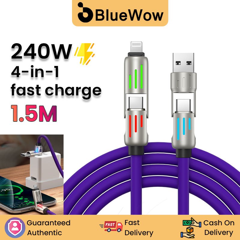 Bluewow 240W Fast Charging 4-in-1 Data Cable Micro USB Type C USB Data Cable ใช้งานร่วมกับ iP Android โทรศัพท์