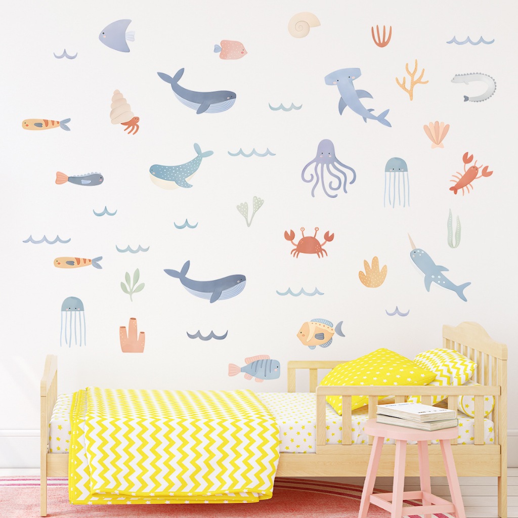 น่ารัก Marine Life Self-Adhesive สติ๊กเกอร์ติดผนัง ins เด็กน่ารักสติ๊กเกอร์ตกแต่งอนุบาล