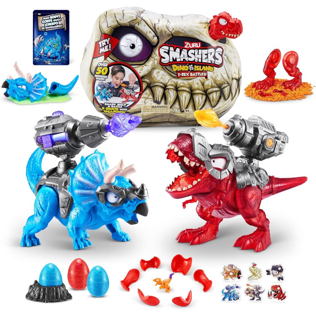 Smashers Dino Island T-Rex Battles (เวอร์ชั่นสีแดง) โดย ZURU 50+ เซอร์ไพรส์เด็กชายไดโนเสาร์สะสม T-Rex Triceratops Surprise Slime Sand Compounds Discovery