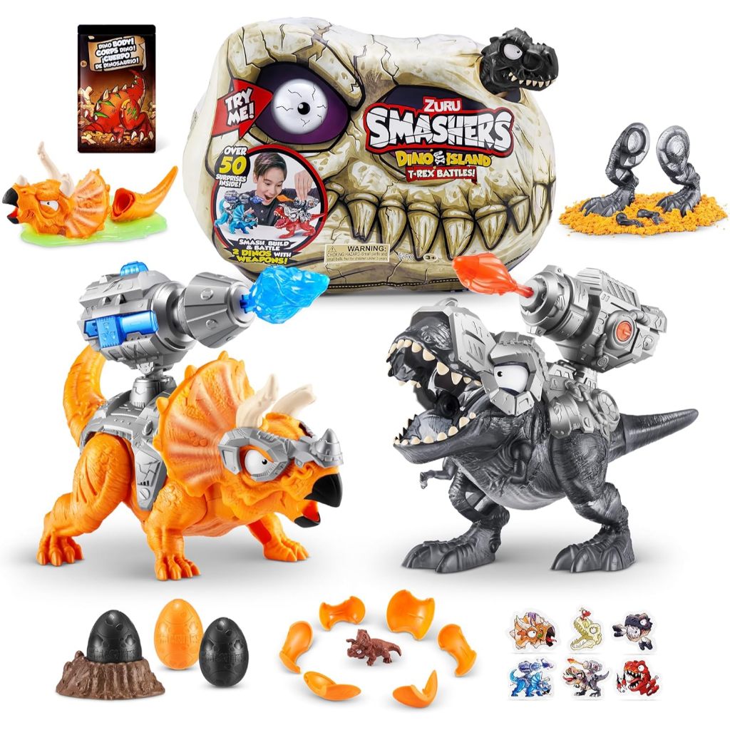 Smashers Dino Island T-Rex Battles (รุ่นสีดํา) โดย ZURU 50+ Surprises Boys Collectible Dinosaur T-Rex Triceratops Surprise Slime Sand Compounds Discovery