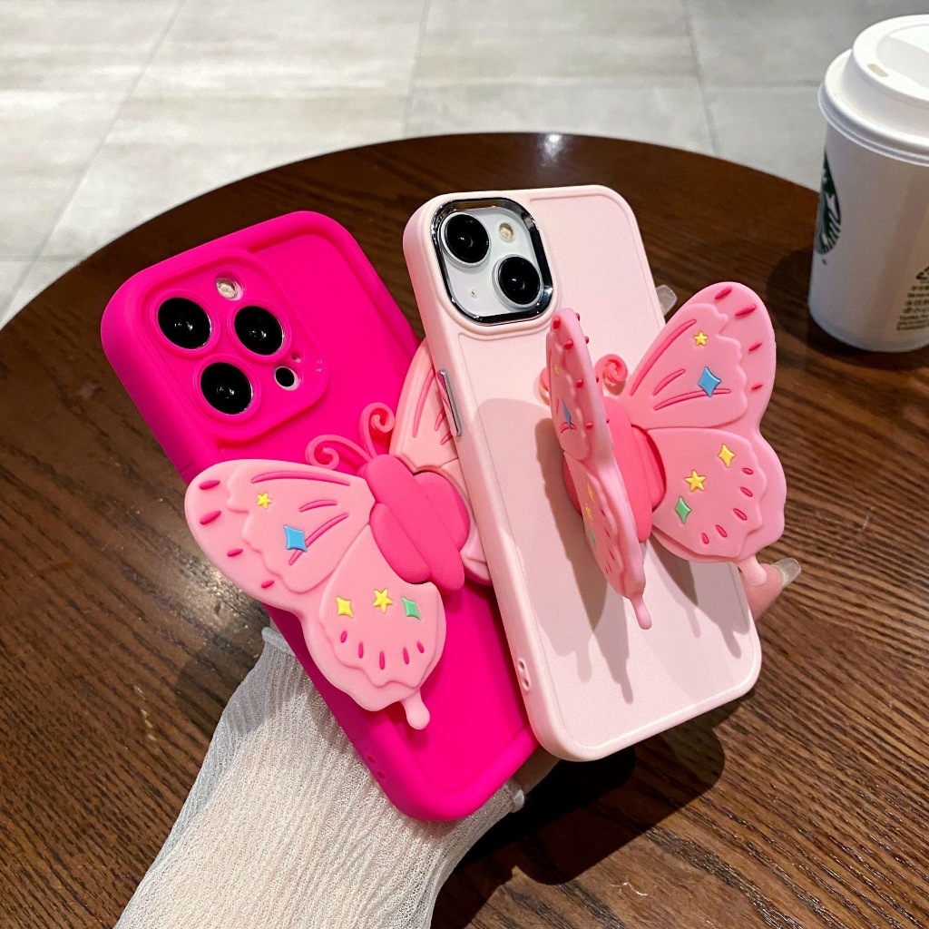 Creative Butterfly Bracket เคสโทรศัพท์สําหรับ iPhone 15 15 Pro 15 Plus 14 14 PM 13 12 Pro 11 เคสโทรศัพท์สีทึบซิลิโคนอ่อนนุ่มรวมทุกอย่างกันกระแทกเคสโทรศัพท์