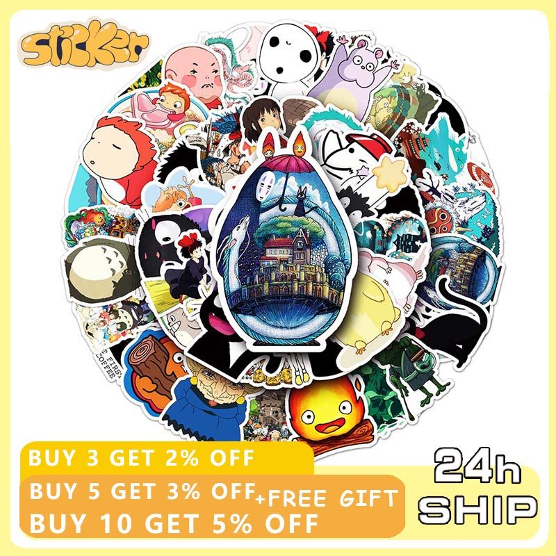 50 ชิ้น Ghibli Hayao Miyazaki สติกเกอร์การ์ตูน Decals หมวกกันน็อคสเก็ตบอร์ดแล็ปท็อปรถจักรยานยนต์สติกเกอร์
