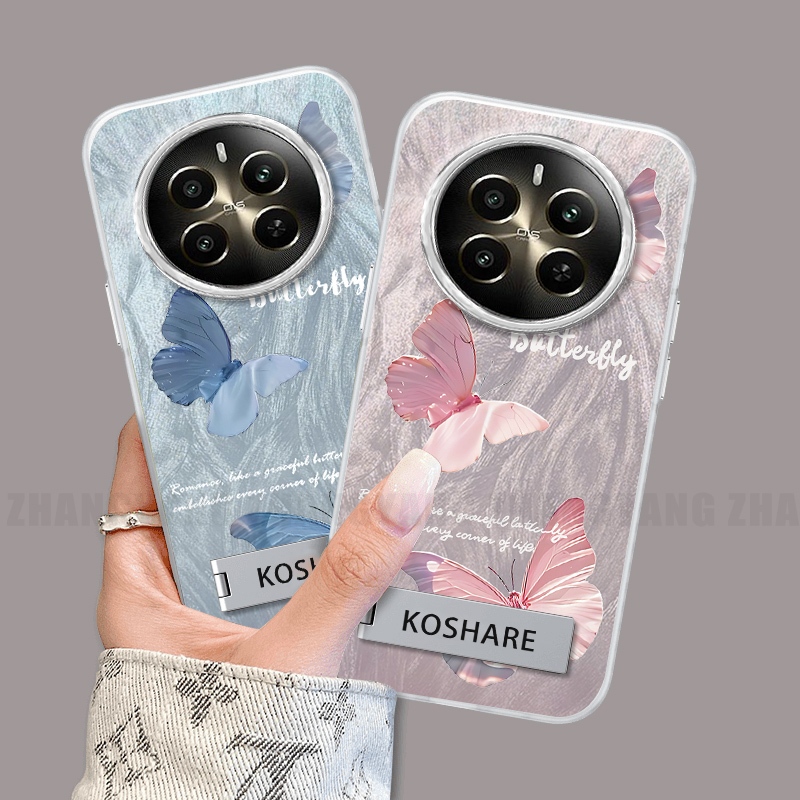 สําหรับ realme 12 5G 12x 5G 12 Pro 12 Pro Plus ซิลิโคน TPU Feather เส้นด้ายไล่ระดับสีเคสโทรศัพท์รูปแบบผีเสื้อโทรศัพท์นุ่มพร้อมขาตั้งโทรศัพท์